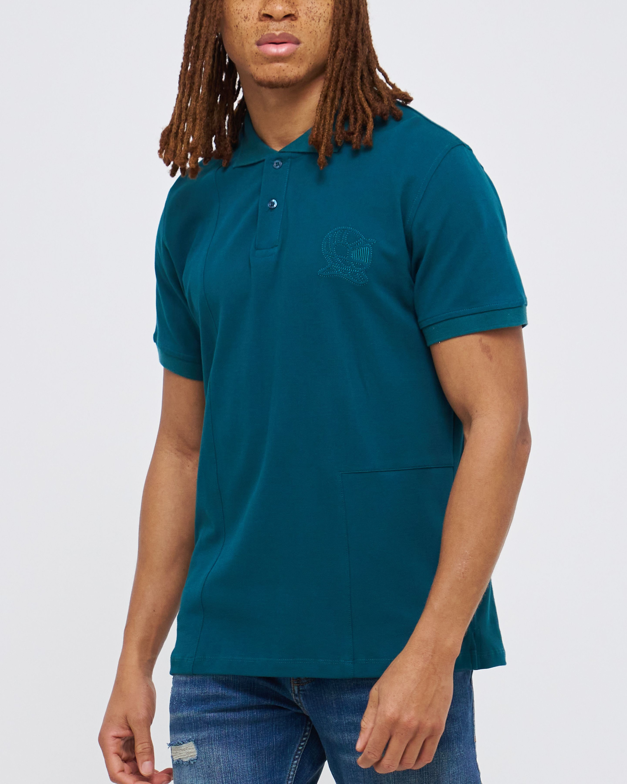 Men's Teal Polo, with Geometric Panel Tailoring and Embossed Casual